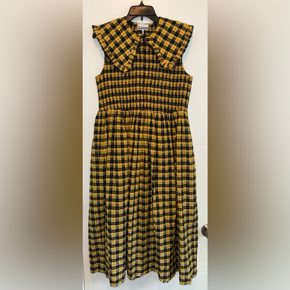 GANNI Collared Plaid Shirred Gingham Seersucker Yellow Maxi Midi Dress 36/ US 6 - Picture 6 of 8